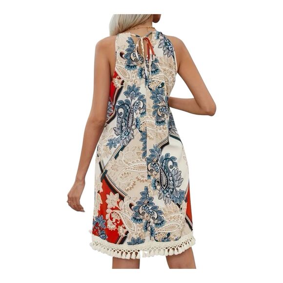 Paisley Print Boho Halter Tassel Dress By Skue Size Large Summer Travel Vacation - Picture 3 of 9